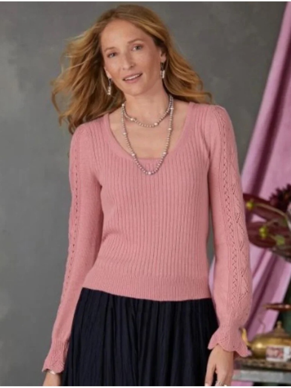 Sundance Pink Dainty Coquette Feminine Wool Blend Pointelle Sleeve Knit Sweater